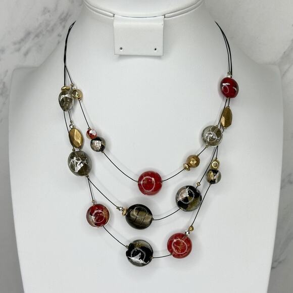 Chico's Triple Strand Beaded Black Wire Gold Tone Statement Necklace ✨ - Picture 1 of 10
